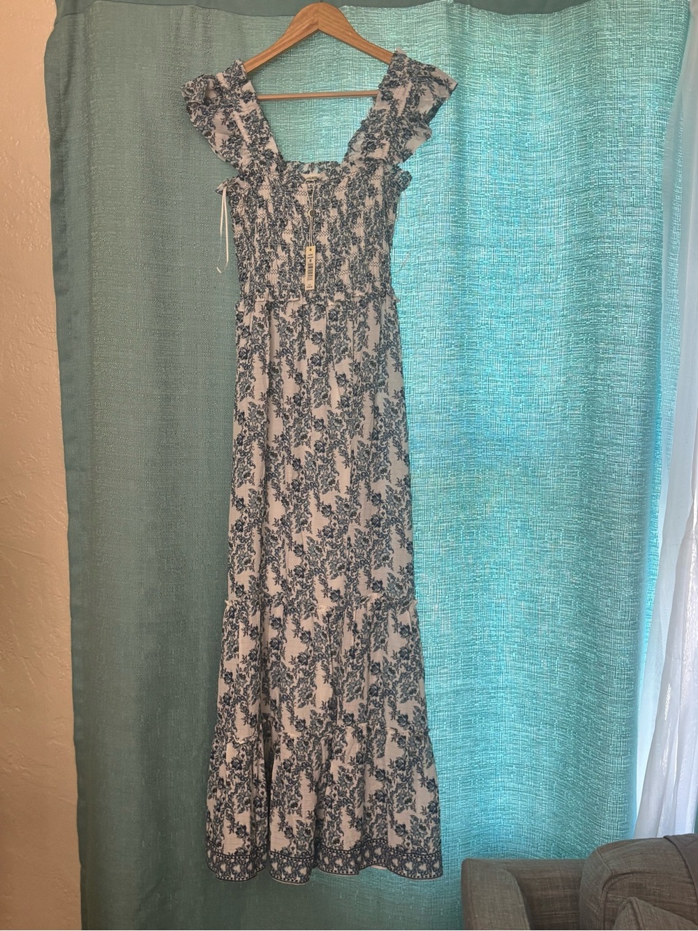 Max Studio Blue and White Floral Smocked Maxi Dress